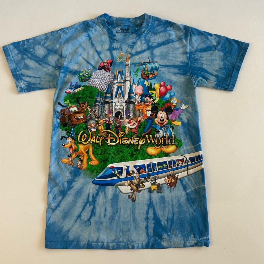 Vintage Walt Disney World Tie Dye T-Shirt Mickey Castle Monorail Mens S Y2K